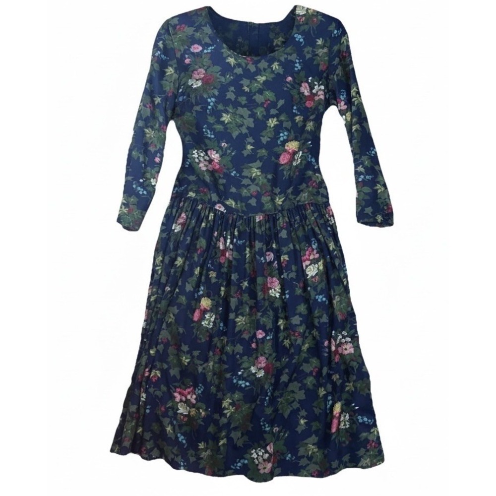 Herman Geist Womens Floral Midi Dress Size 8 Long Sleeve Rayon 90s Green Blue